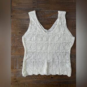 Ivory Knit Tank Top Lightweight V-Neck Sleeveless Top Spring Summer Cottagecore